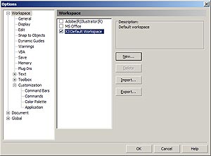 CorelDRAW Options dialog to save custom Workspace