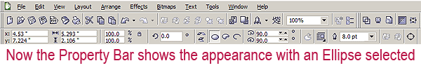 Property Bar with an ellipse selected