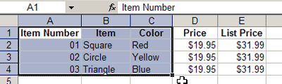 No price selection in Excel